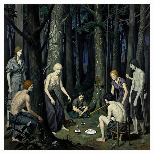 Digital painting of a forest scene with six shirtless, pale-skinned individuals in dark robes, cooking over a fire, surrounded by tall trees at night