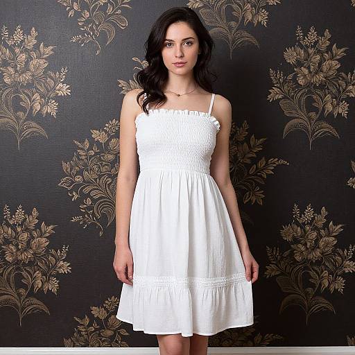 Photograph of a young woman with long black hair, wearing a white, sleeveless, smocked dress, standing against a black floral-patterned wallpaper