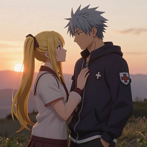 Anime-style digital illustration of a blonde girl with a ponytail and a blue-haired boy in a black hoodie, gazing at each other during a sunset