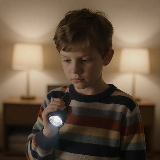 Serious Boy with Flashlight in Cozy Room