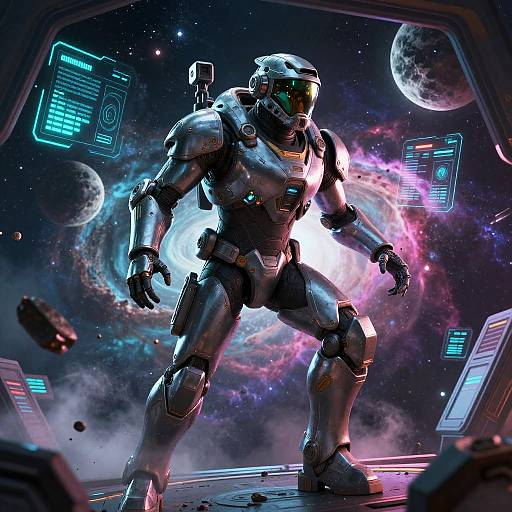 CGI sci-fi image: Muscular astronaut in metallic armor, glowing visor, standing in space station with colorful nebula, floating debris, and
