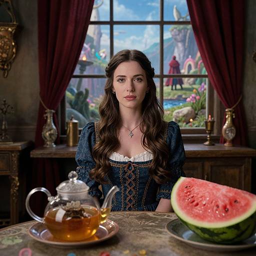 Digital art of a fair-skinned, dark-haired woman in a blue, medieval-style dress, with a teapot and watermelon slice on a wooden