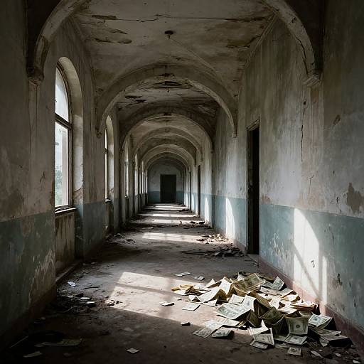 Abandoned, sunlit hallway with peeling paint, broken arches, scattered papers, and debris on the dusty floor, leading to a dark van