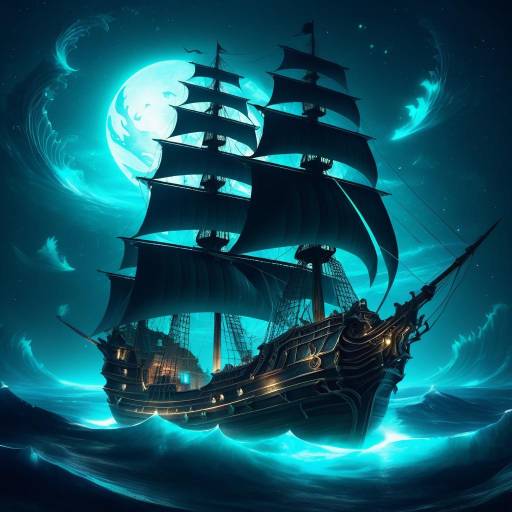 Pirate Ship Sailing Through Mystical Bioluminescent Ocean