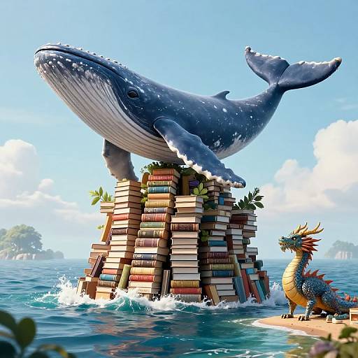 Whimsical Book Island with Mythical Creatures