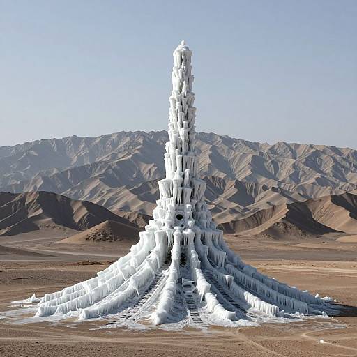 Photograph of a surreal, white, ice-like spire with branching, ribbed structure in a vast, arid desert with rolling, brown mountains