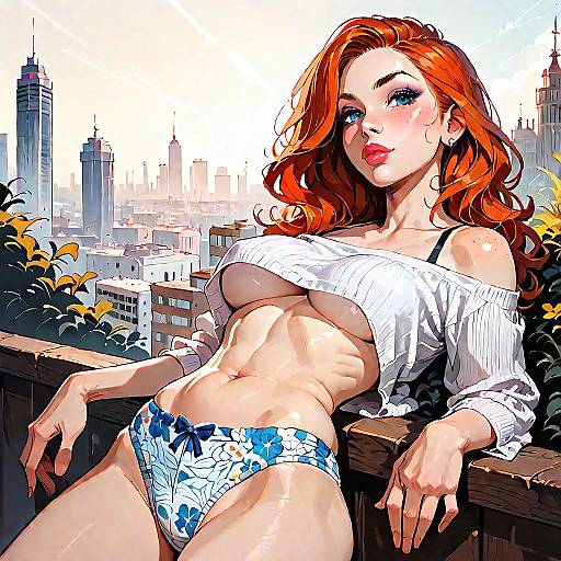 Redhead Woman on City Rooftop at Golden Hour