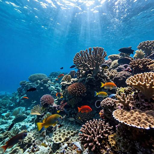 Photograph of vibrant underwater coral reef with colorful fish, sunlight filtering through blue water, showcasing diverse corals and marine life.