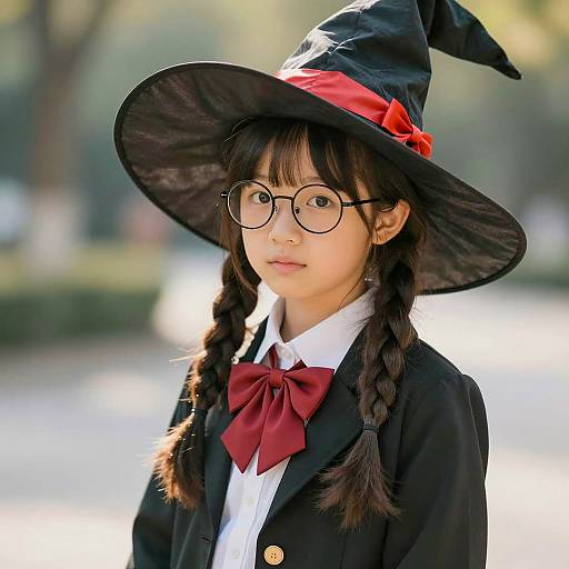 Young Girl in Witch Costume with Glasses