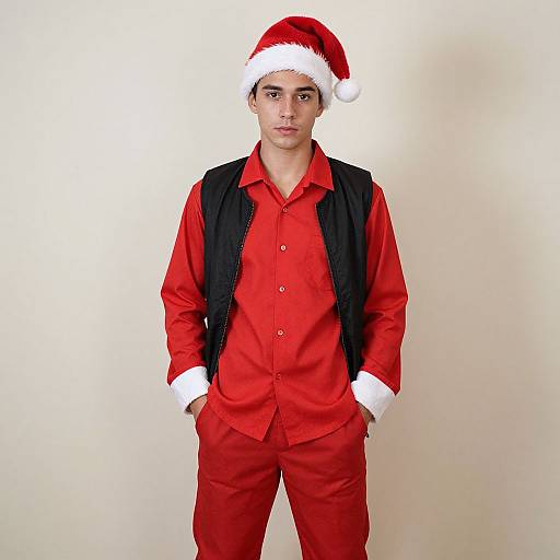 Photograph of a young man with medium skin tone, wearing a red Santa hat, red shirt, red pants, black vest, and white cuffs,