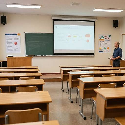 Photograph of a classroom with a male teacher standing at the front, wearing a blue shirt, presenting on a whiteboard projector. Desks and chairs