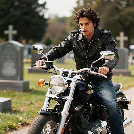 Intense Biker in a Serene Cemetery