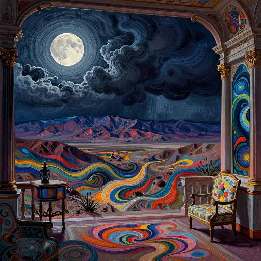 Surreal digital painting: vibrant, swirling desert landscape under a glowing full moon, framed by ornate columns, colorful chair, and table.