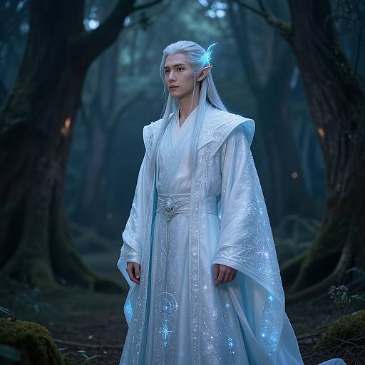 Digital artwork of an ethereal, elven figure with long white hair, glowing blue hair clip, and intricate white robe, standing in a dark,