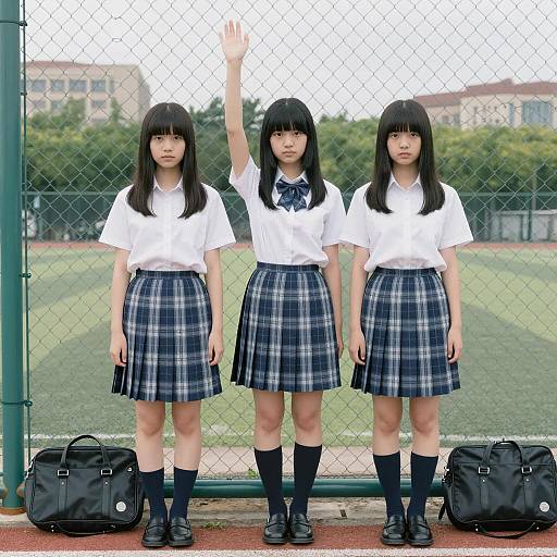 Japanese Schoolgirls by Chain-Link Fence