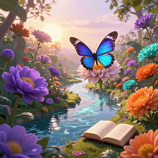Digital painting of a vibrant, blue butterfly perched on a pink flower above a reflective stream, surrounded by colorful flowers, an open book on grass,