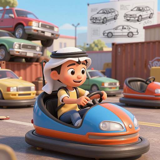 Cheerful Middle-Eastern Boy Driving Bumper Car in Junkyard