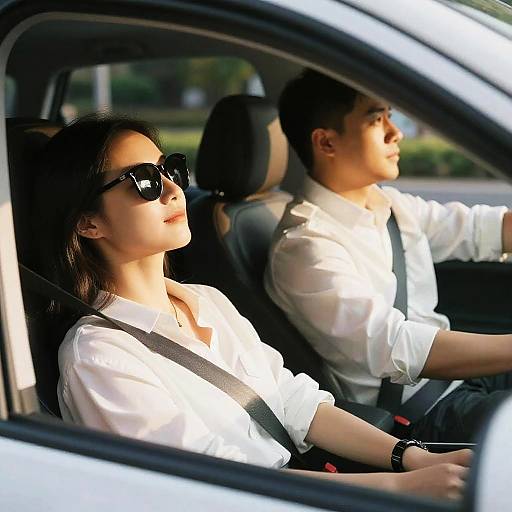 Photograph of an Asian couple in a car, both wearing white shirts and black sunglasses, driving with sunlight streaming in.