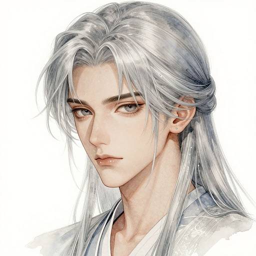 Digital anime-style portrait of a handsome, silver-haired man with long hair, light skin, and piercing blue eyes, wearing a white robe.