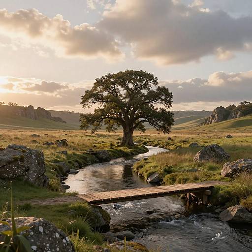 Serene Meadows with River and Oak Tree