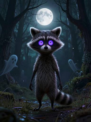 Digital artwork of a glowing-eyed raccoon standing in a dark, moonlit forest with ghostly figures, eerie blue-purple hues, and mist.