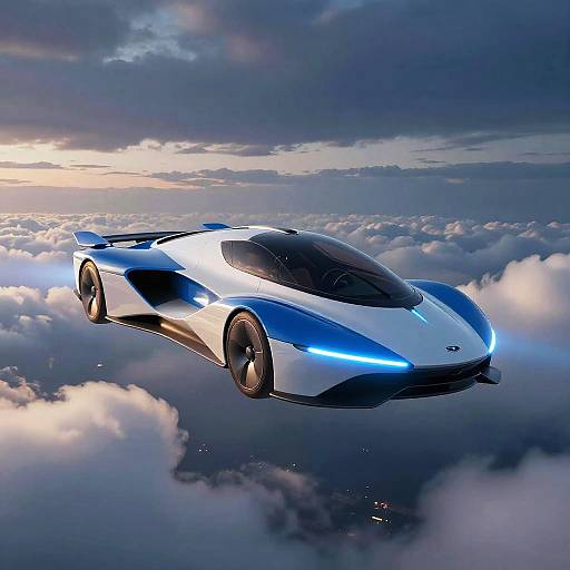 Futuristic Flying Car Over Clouds