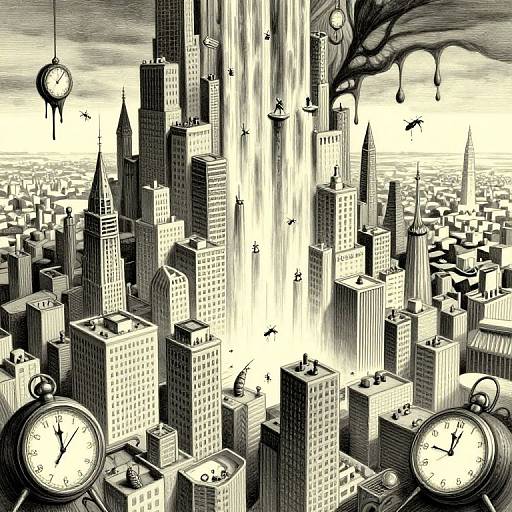 Black-and-white surreal drawing of a city skyline being engulfed by a clock-like beam, with hanging clocks and dripping liquid.