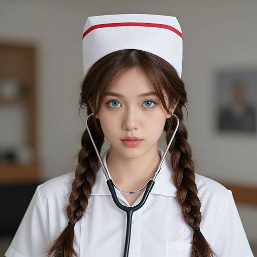 Photorealistic digital image of a young Asian woman with blue eyes, braided brown hair, wearing a white nurse's uniform and hat, with a