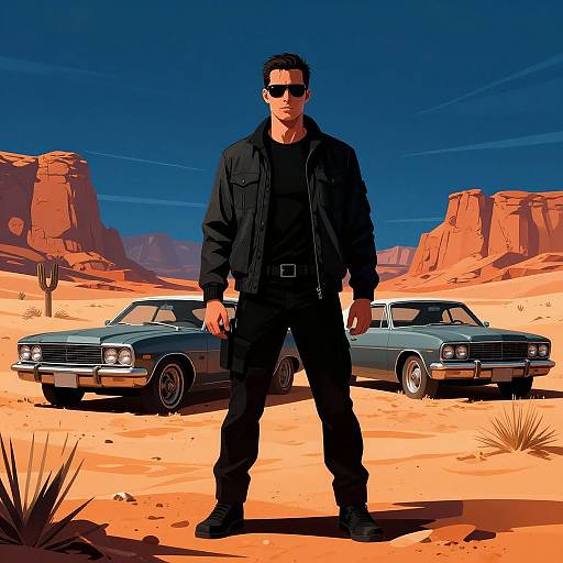 Digital art: Dark-haired man in black jacket and sunglasses stands confidently in front of two blue classic cars in a vibrant desert landscape with red rock formations and
