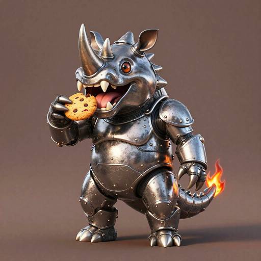 Steel-Plated Rhino Creature Eating Cookie