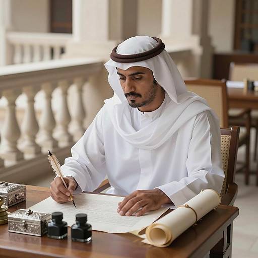 Serious Man Writing at a Wooden Table
