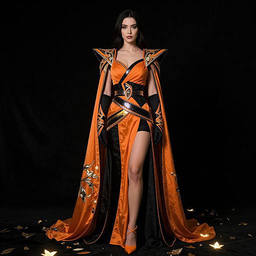 Photograph of a dark-haired woman in an orange, satin, fantasy-style dress with black accents, floral embroidery, and a long cape, standing against