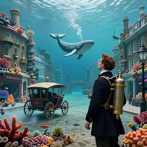 Photorealistic digital art: Curious Victorian man in scuba gear observes a whale underwater in a colorful, coral-adorned street with historic buildings