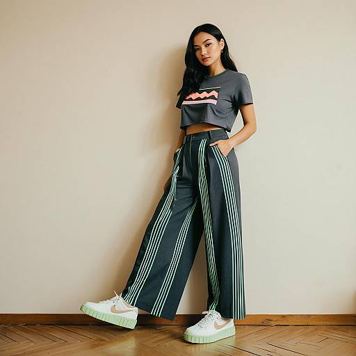 Stylish Woman in Casual Outfit with Graphic Tee and Wide-Leg Pants