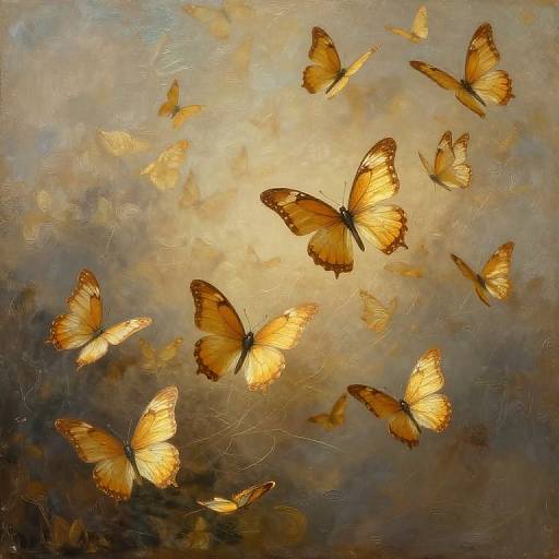 Photograph-style digital painting of golden-orange butterflies with detailed wings, floating against a soft, cloudy, warm-toned background.