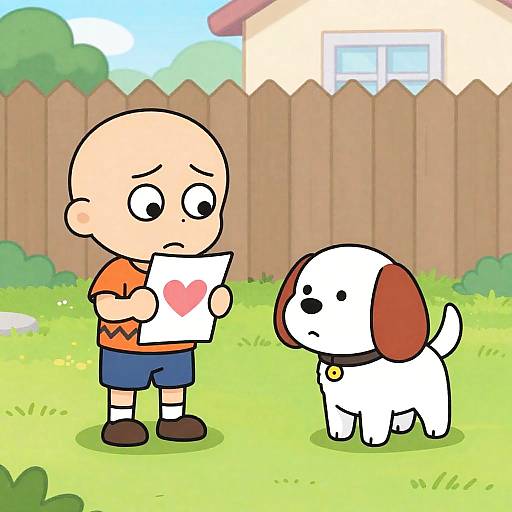 Concerned Boy and Sniffing Dog in Backyard