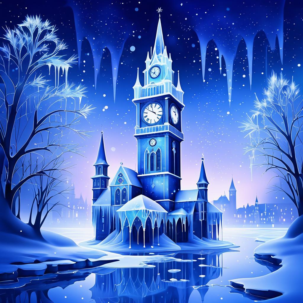 Ethereal Ice Clock Tower at Twilight