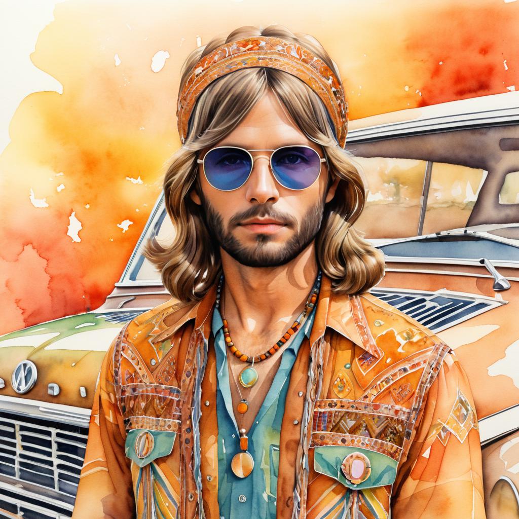 Vibrant 1960s Hippie Watercolor Art