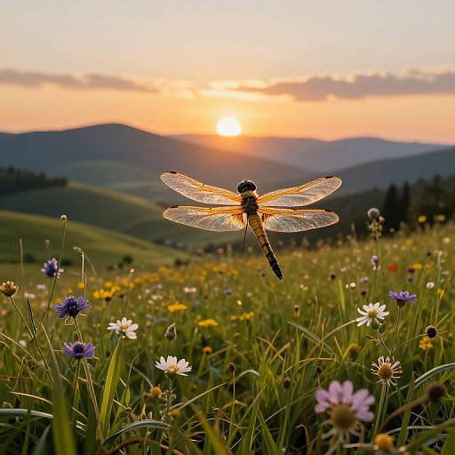 Photograph of a transparent dragonfly with orange body hovering over a colorful meadow of flowers at sunset, with rolling hills and a glowing orange sky in