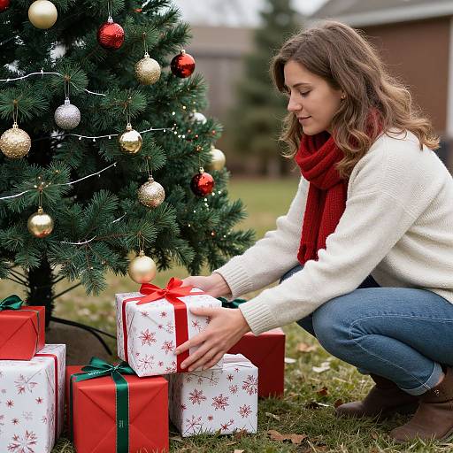 Photograph of a woman with wavy brown hair, wearing a white sweater and red scarf, squatting by a Christmas tree, placing a red ribbon
