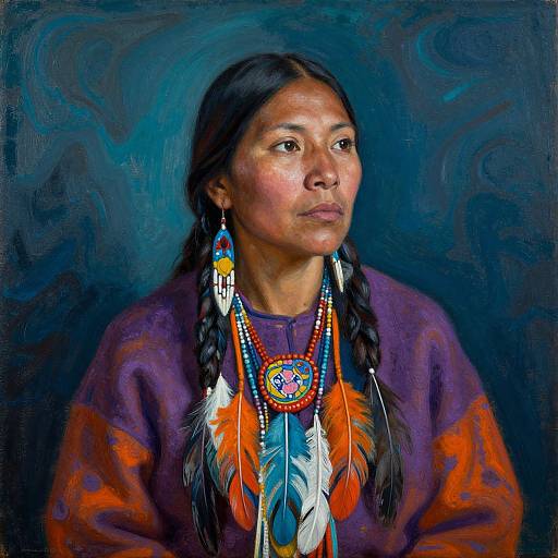 Photograph-style digital painting of a Native American woman with braided hair, wearing colorful feather jewelry and traditional purple and orange clothing, gazing thoughtfully