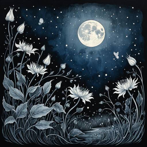 Moonlit Night with Moonflowers and Will-o'-the-Wisp
