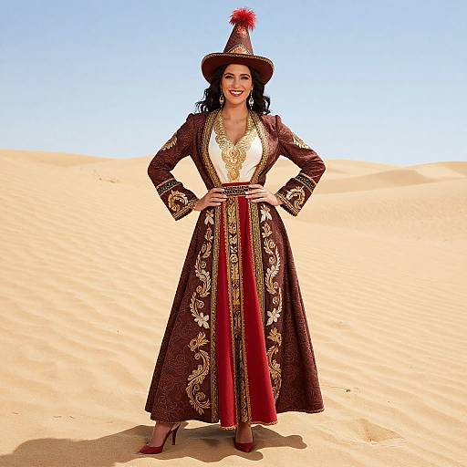 Photograph of a smiling woman in a brown and gold ornate desert dress with a red pom-pom hat, standing in a sandy desert under a