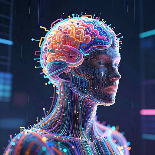 Neon-lit, digital CGI artwork of a female humanoid figure with a glowing, circuitry brain, neon wires, and colorful lights against a dark