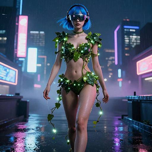 CGI cyberpunk scene: Blue-haired woman in green leafy bikini, neon lights, rain, futuristic city, wearing headphones and mask, walking confidently