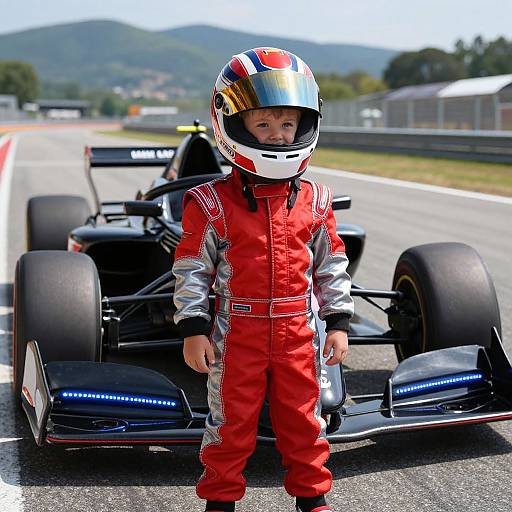 Photograph of a young child in a red racing suit and helmet standing in front of a black open-wheel race car on a racetrack with mountains