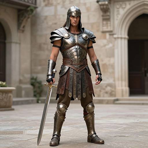 Photorealistic CGI of a muscular man in medieval Roman-style armor, holding a sword, standing in a stone courtyard.
