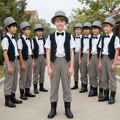 Photograph of six young boys standing in a row on a suburban sidewalk, wearing white shirts, black vests, gray pants, bow ties, and check