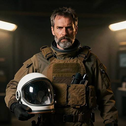 Intense Middle-Aged Man in Tactical Gear