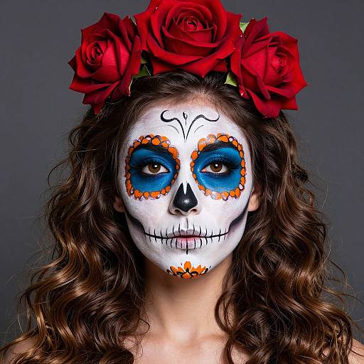 Photograph of a woman with white face paint, blue and orange eye sockets, black nose, and mouth, wearing red rose crown, against dark background